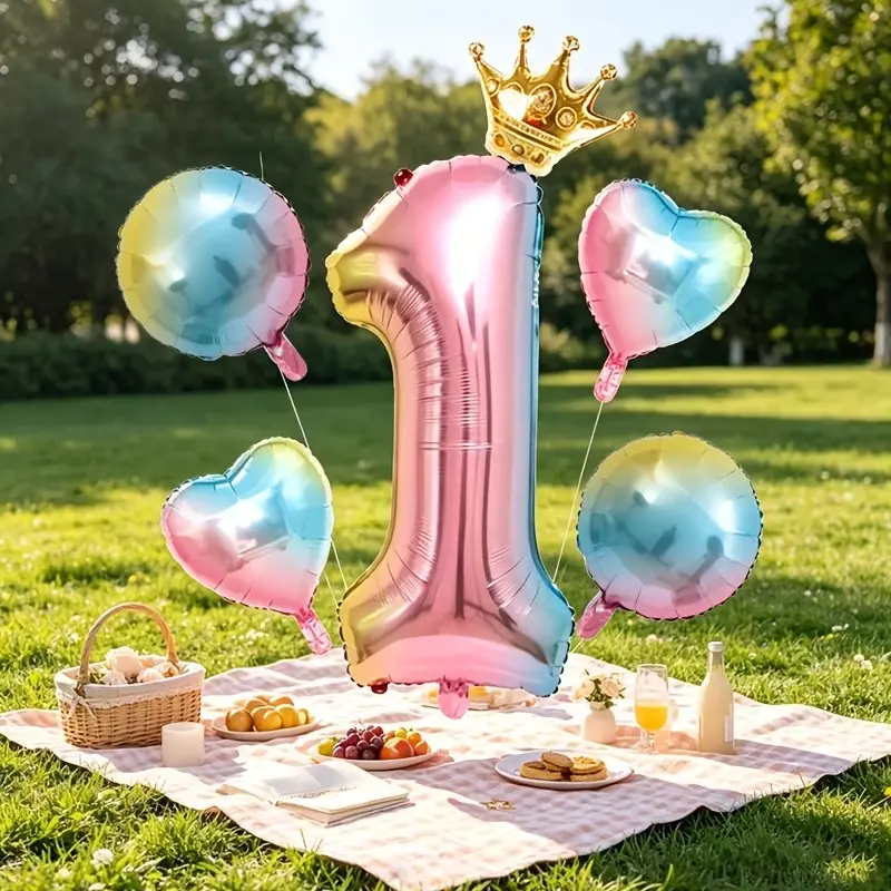 9PCS (Large 81cm/32inch Gradient Digital Aluminum Balloon with Gold Crown Gradient Love Balloon Round Aluminum Balloon Gold Crown Ribbon Straw Glue) Suitable for birthday parties, anniversary parties, holiday parties Balloon Decorations Kit