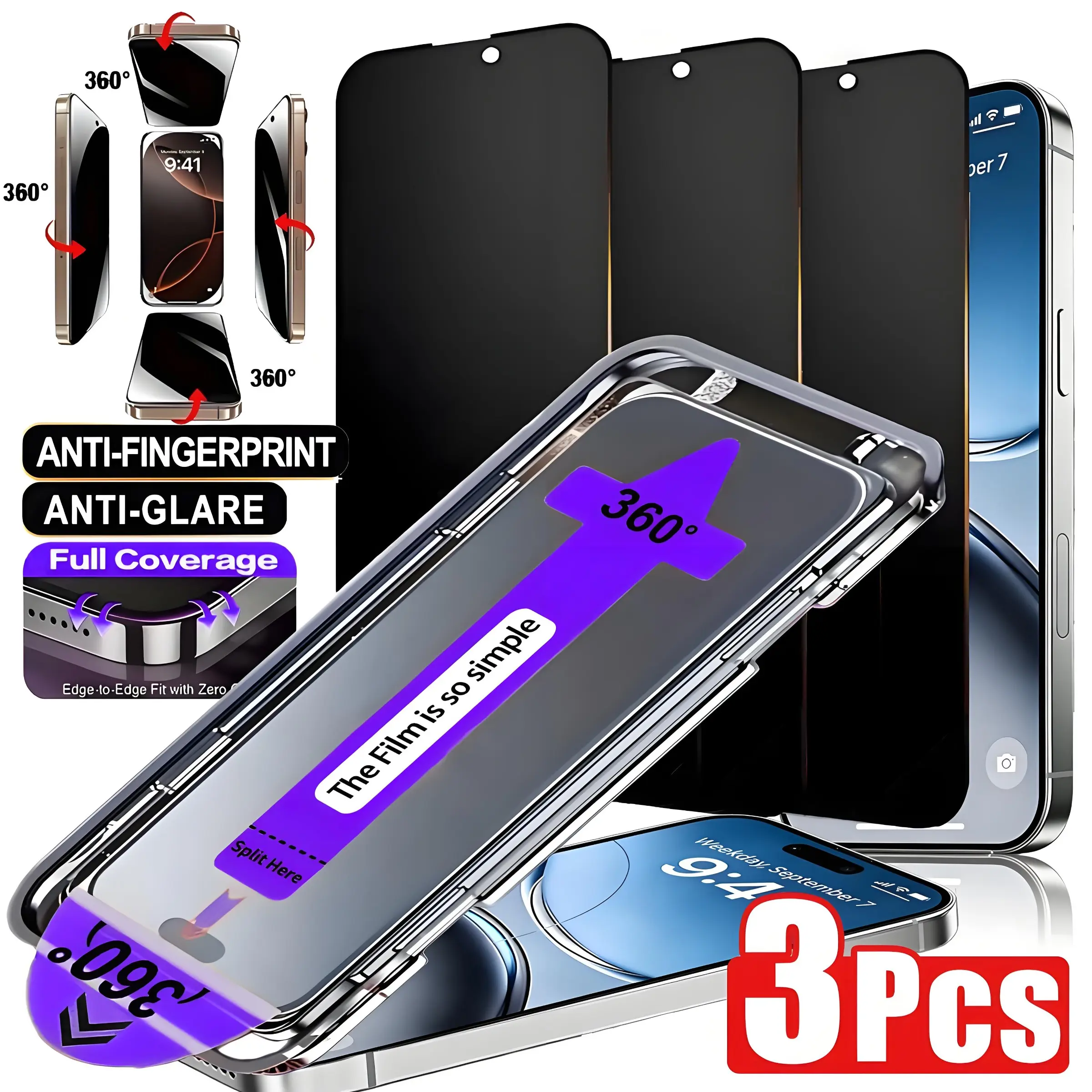 3-Pack 360° Privacy Screen Protector for iPhone 17 Pro Max/17/16/15/14/13/12/11, Anti-Glare Tempered Glass, Dust-Free Installation, HD Clarity, Privacy Screen Guard