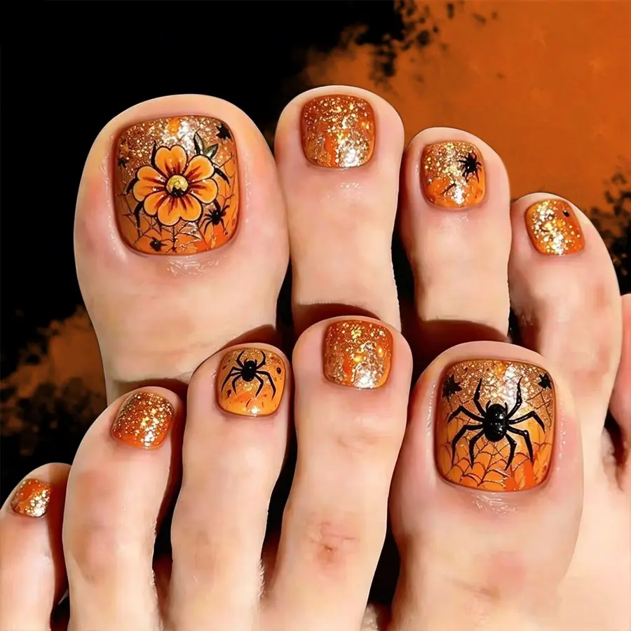 24pcs Short Square Halloween Toe Nails, Spider Web Flower Glitter, Reusable Press-On Toe Nails, Bright Floral Fake Nails for Women and Girls