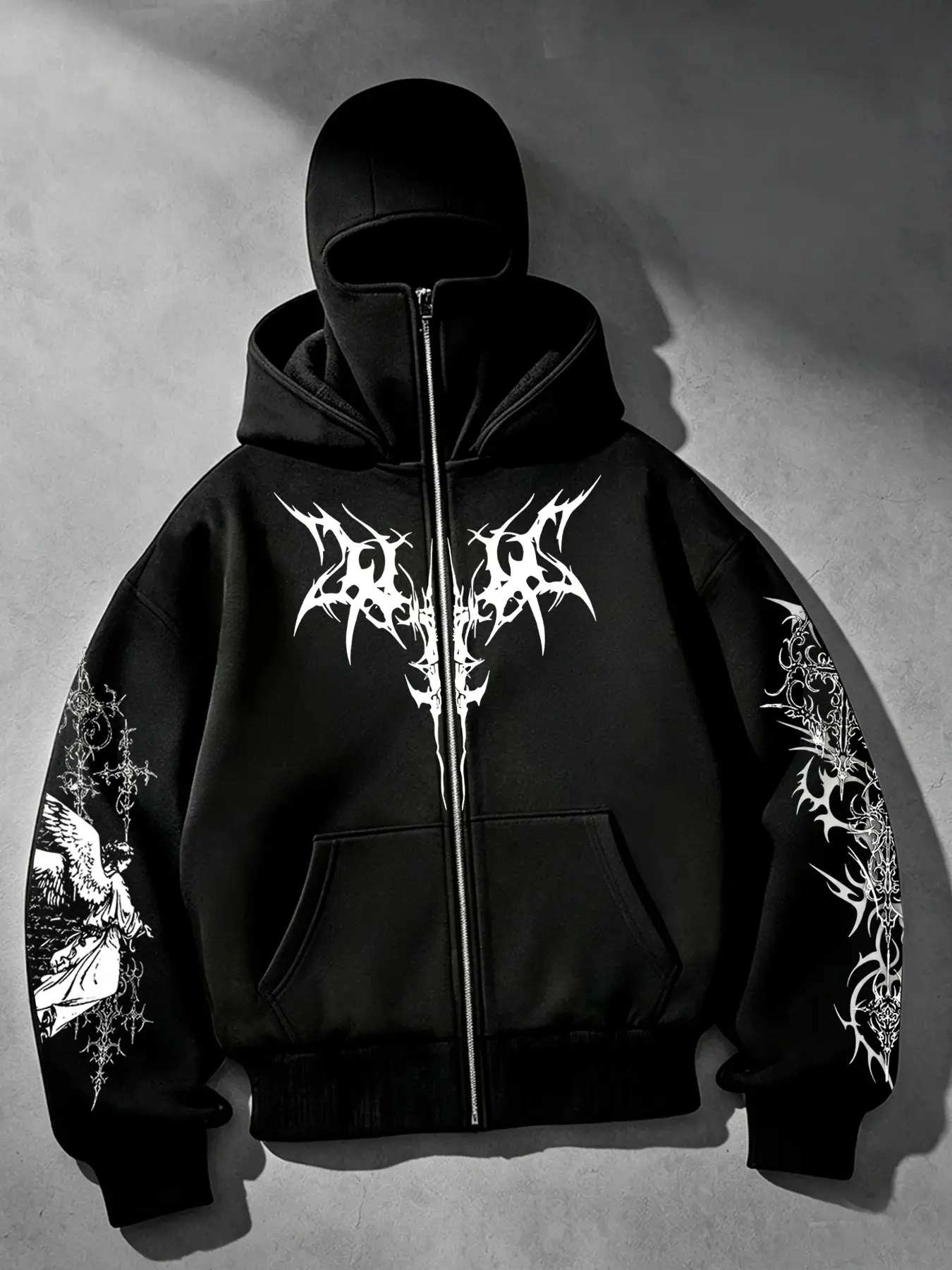 Unisex Fashion Sweater, Street Style Long Sleeve Knit, Gothic Baroque Angel Cross Design, Sequin Zipper, Hooded Jacket, Fall/winter