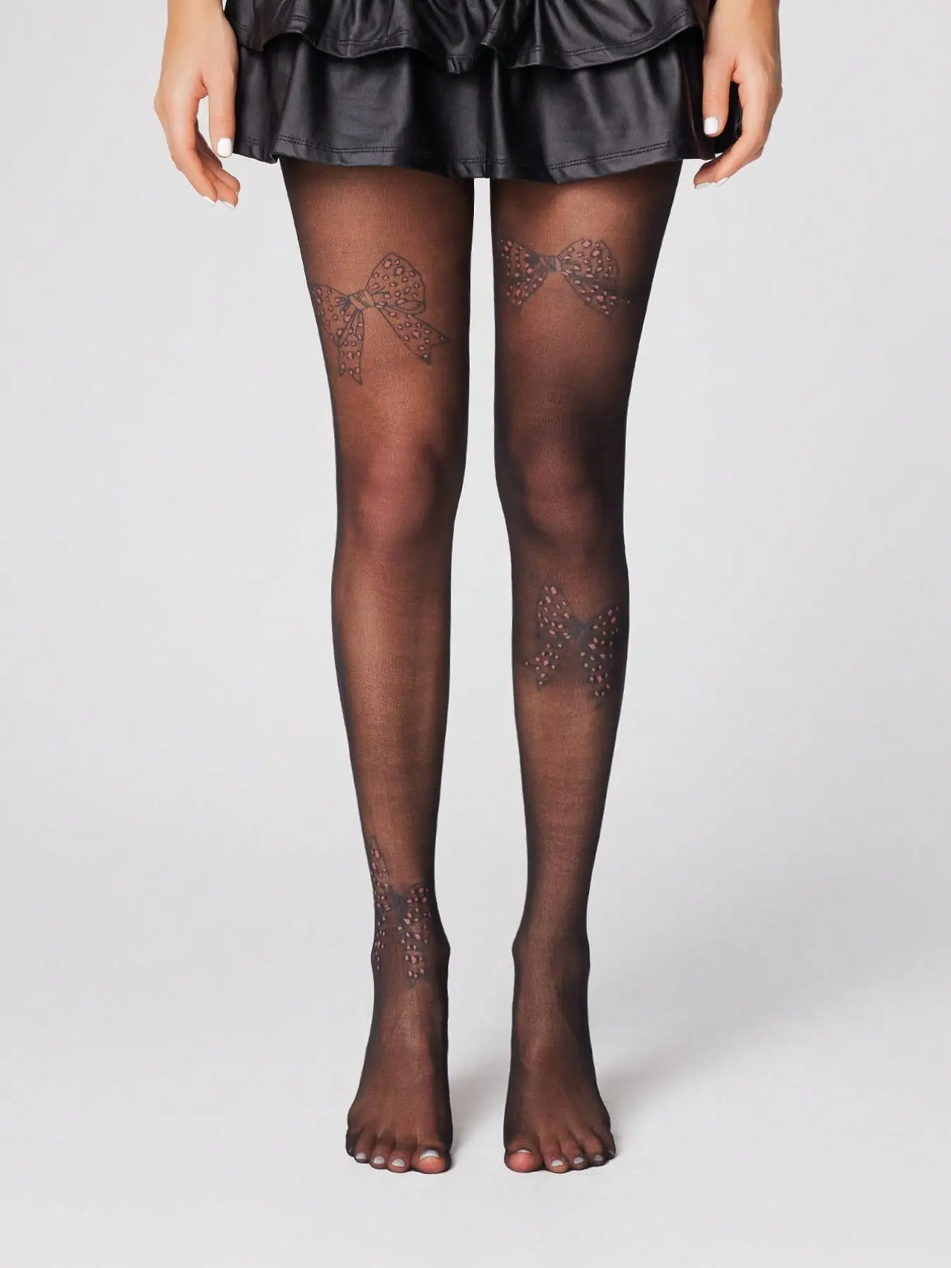 Leopard Print Bow Tie Pattern Stockings, Soft Slimming Anti-Pick Sweet Style Breathable Versatile Bare Feel Pantyhose