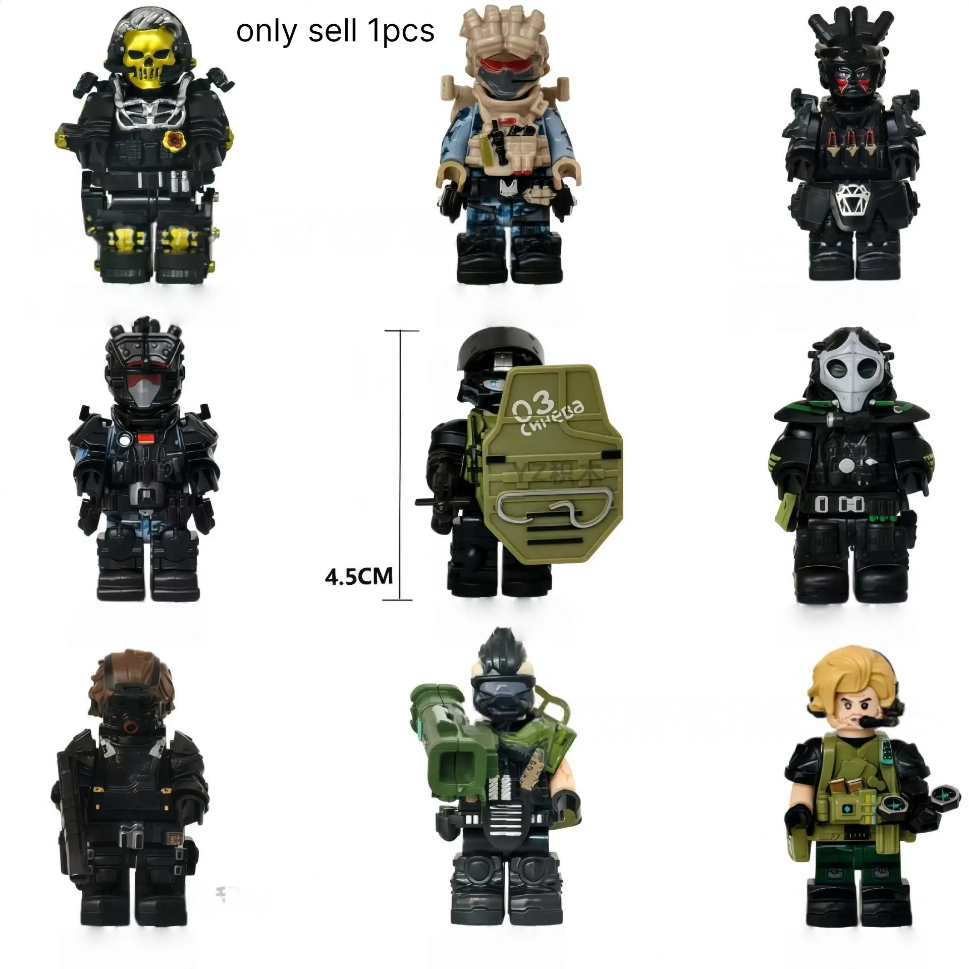 Multiple building block minifigures simulating characters for search, engage and withdraw tactics are ideal collectibles for building block enthusiasts.