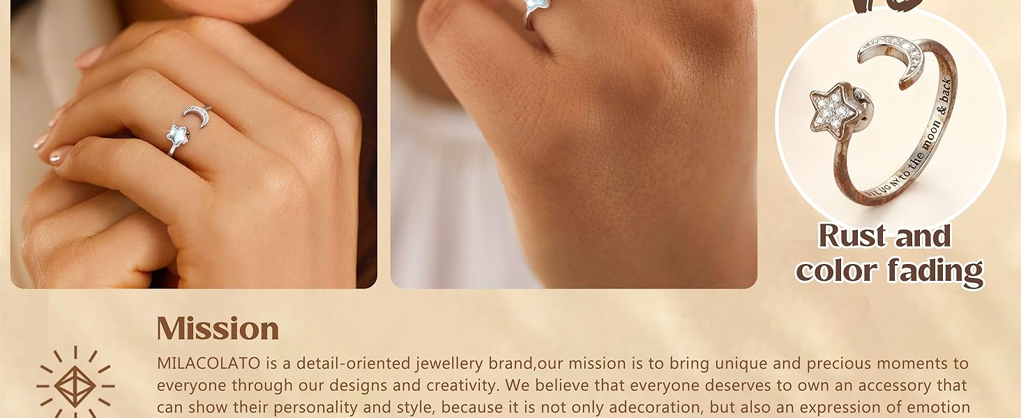 MILACOLATO Fidget Ring for Women Kids Girls Anxiety Rings Open Adjustable Silver Sunflower Opal Moonstone Star Moon Snow Lotus Spinner Mood Rings Knuckle Rings Jewellery