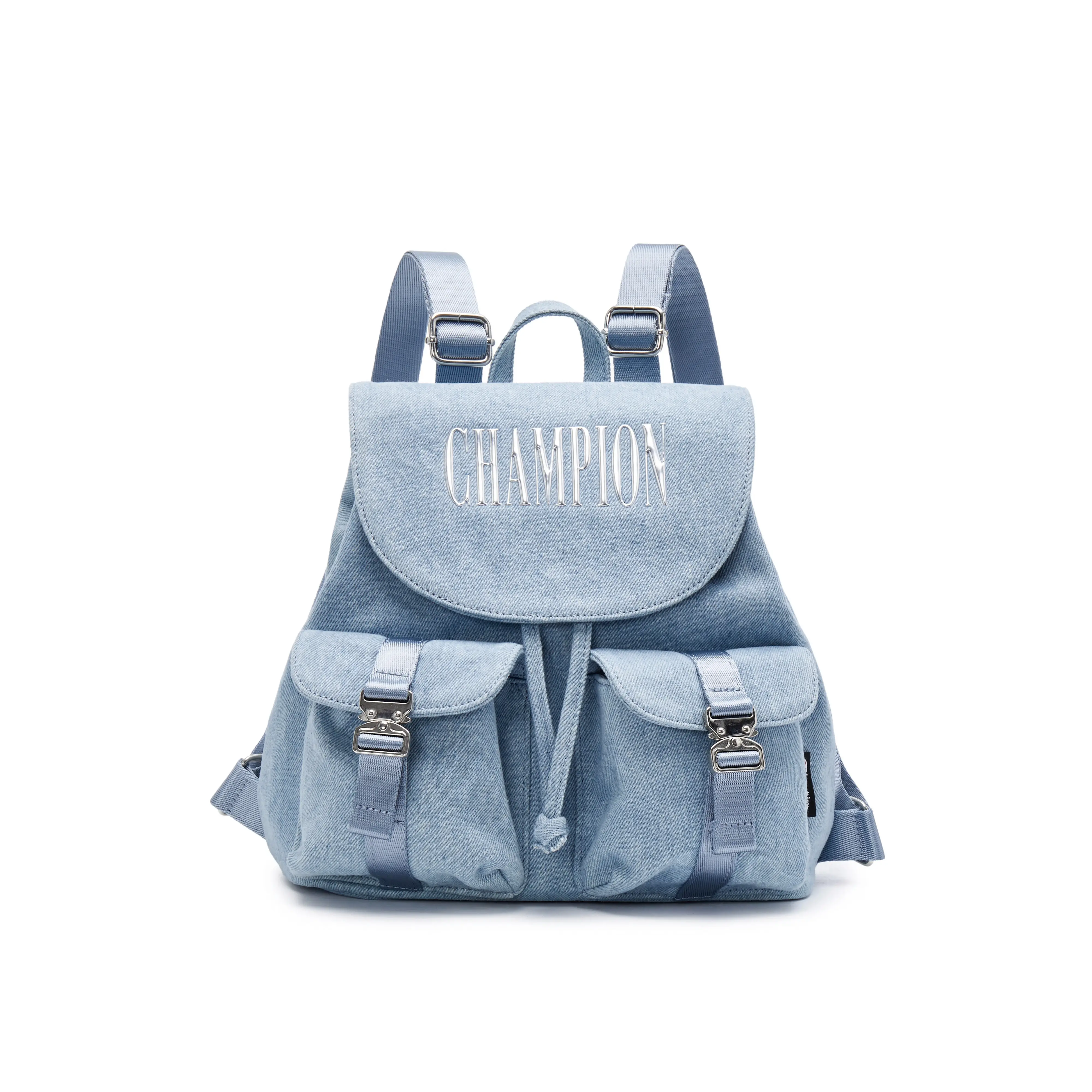 Champion Dun Dun Bag – Metallic High-Frequency Logo Retro Casual Unisex Backpack in Light Denim Blue, Champagne Gold, and Black