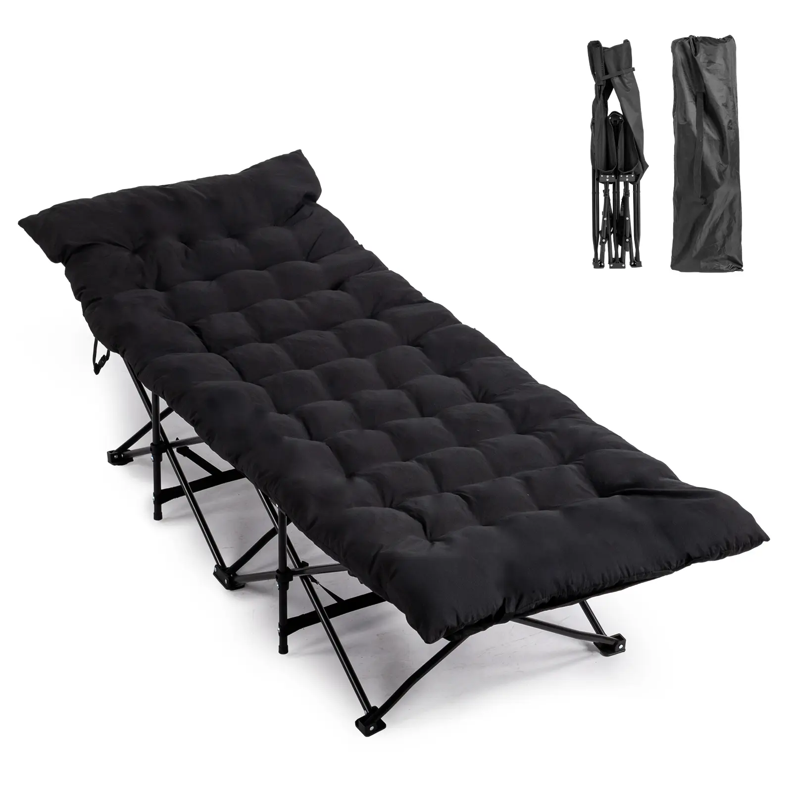 Heavy Duty Folding Camping Cot with Soft Mattress, 330lb Capacity Portable Bed with 10-Leg Steel Frame, Curved Head Support for Outdoor, Office Nap, Guest, Black
