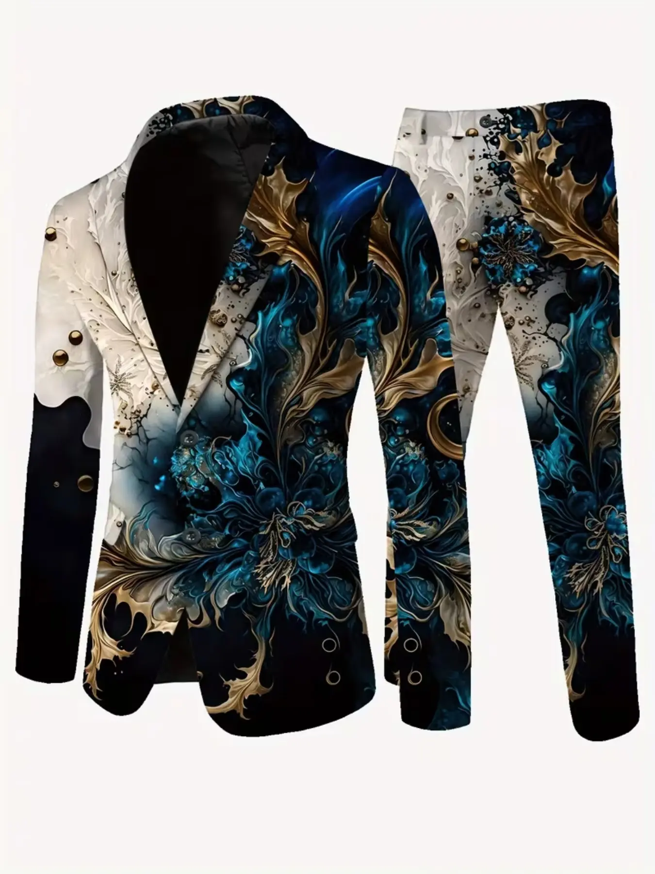 Men's Vintage Blue Gold Floral Print Blazer Set, Slim-Fit Long Sleeve Jacket & Pants, Casual Evening Party, Luxurious Men's Suit