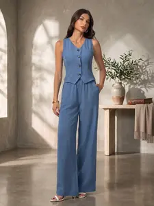 Women's Two-Piece Set, Blue Linen Solid Sleeveless Vest + Wide Leg Pants, Casual Office Wear, Comfortable and Stylish, Spring & Fall Fashion