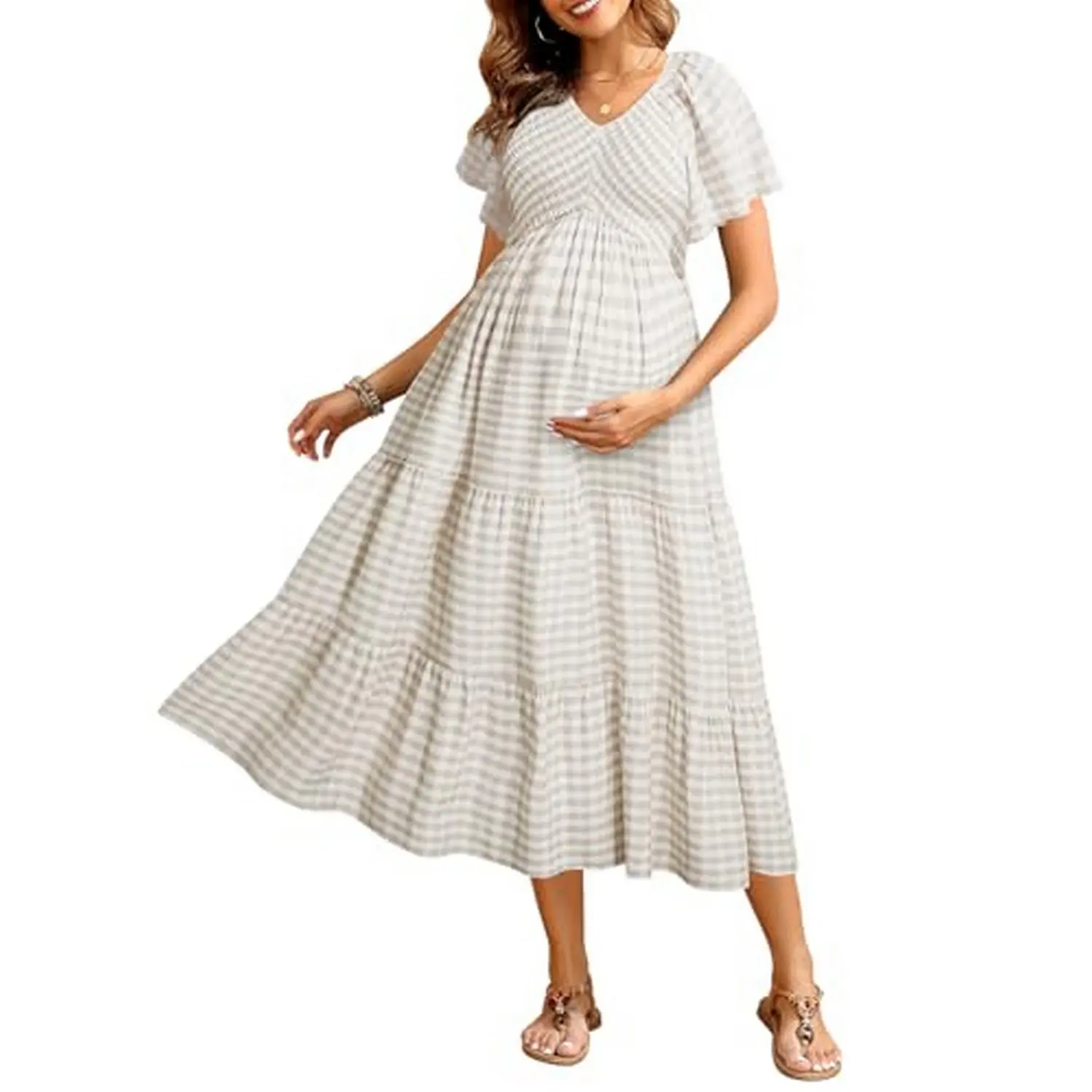 Summer Maternity Midi Dress - Photoshoot Pregnancy Summer Casual Flutter Sleeve V-neck Dress