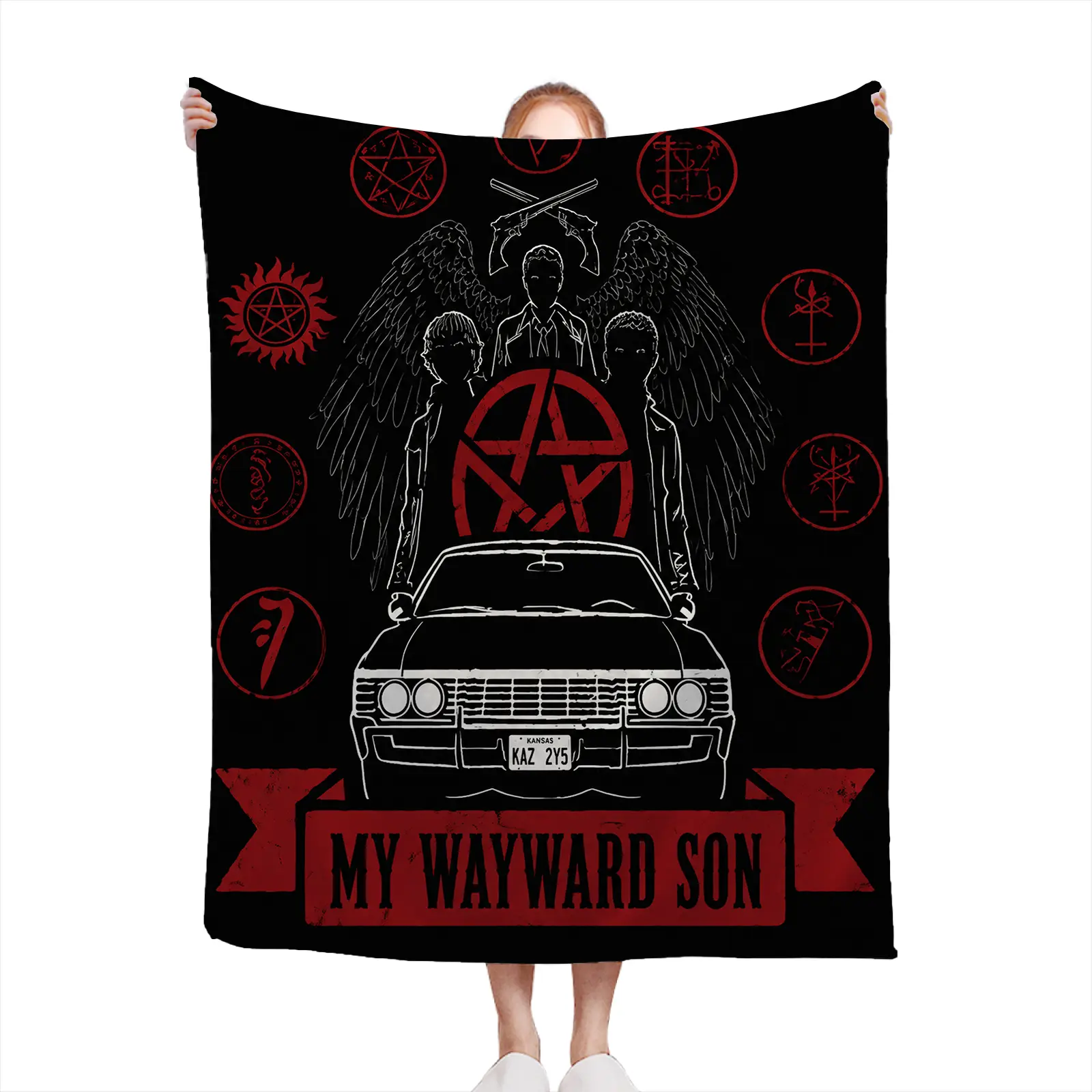 Gothic-Supernatural-Car-Emblem-Ritual Supernatural TV Show Themed Throw Blanket Soft Cozy Fleece Black With Red Occult Symbols And Vintage Car Print Graphic Design For Living Room Bedroom Fall Winter Gift For Fans And Collectors