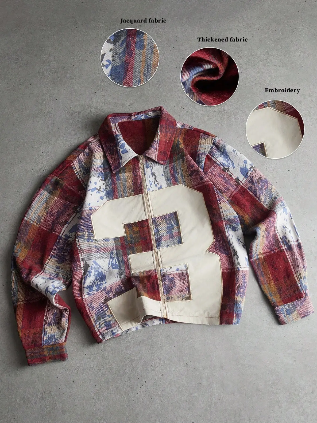 Distressed Plaid Number Patch Cropped Collared Jacket, Vintage Washed Plaid Zip‑Up Outerwear, American Varsity Style Loose Drop‑Shoulder Cropped Top, Unisex Streetwear Coat, Outfit For Travel Shopping & Photoshoot, Street Fashion Brand Jacket