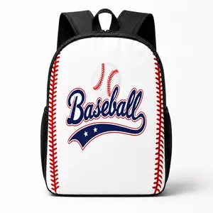 Baseball-themed backpack-featuring red and blue stitching, a black handle, and a baseball pattern-utilizes a durable 2D printing process; suitable for school, sports, or casual daily use.