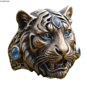 2026 Vintage Antiqued Bronze 3D Tiger Head Male Statement Ring - Blue Cubic Zirconia Inlaid Wild Animal Wide Band Finger Jewelry, Bold Spirit Totem Accessory for Biker Street Style, Casual Outfits & Masculine Gifting