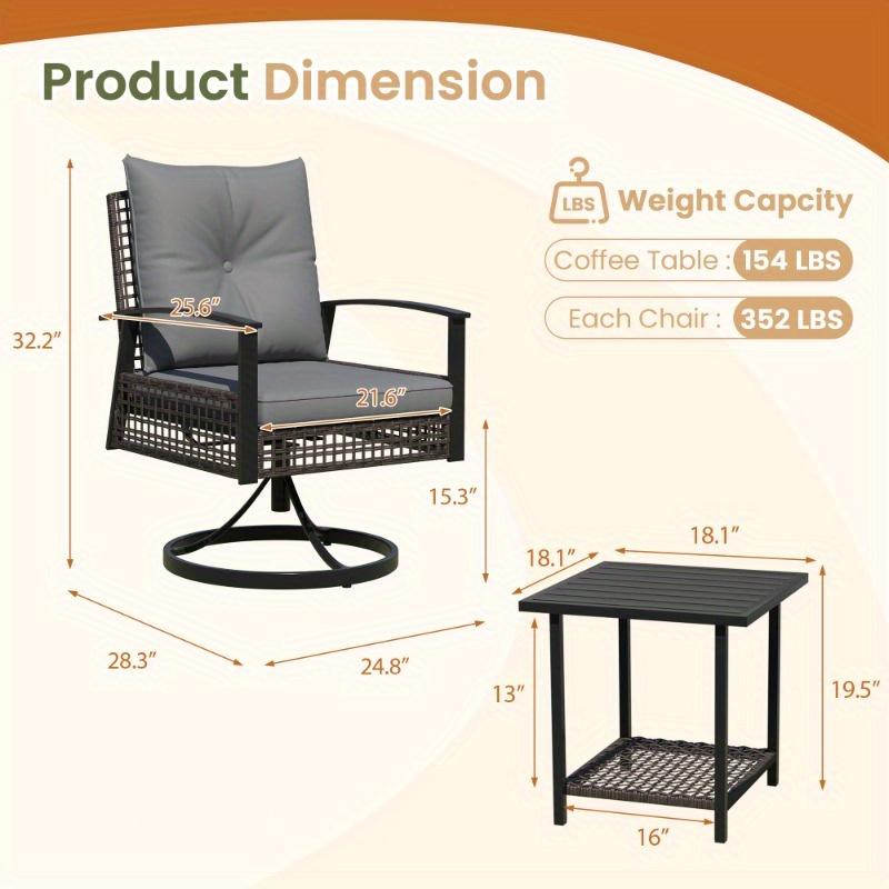 Outdoor Swivel Rocker Chair Set, 360° Rattan Patio Bistro Set of 3 with 2 Chairs, Coffee Table & Thickened Cushions, Weather-Resistant Design for Porch, Backyard, Balcony, Gray