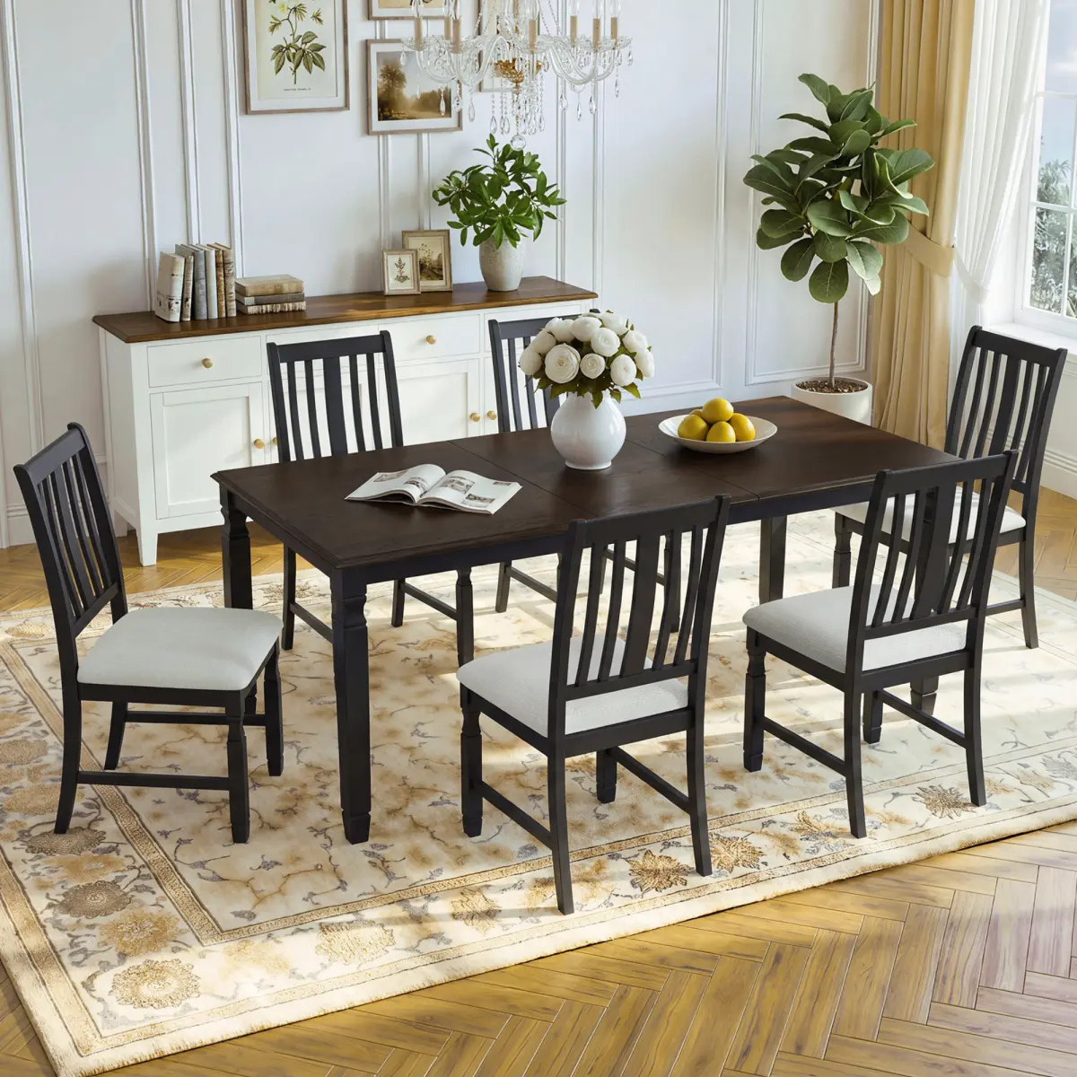 7-Piece Extendable Dining Table Set for 6, Farmhouse Oak Veneer Table and 6 Upholstered Chairs, Rubberwood Legs Space-Saving Dining Set for Family Dining Room,  Espresso+Black, Beige Cushion