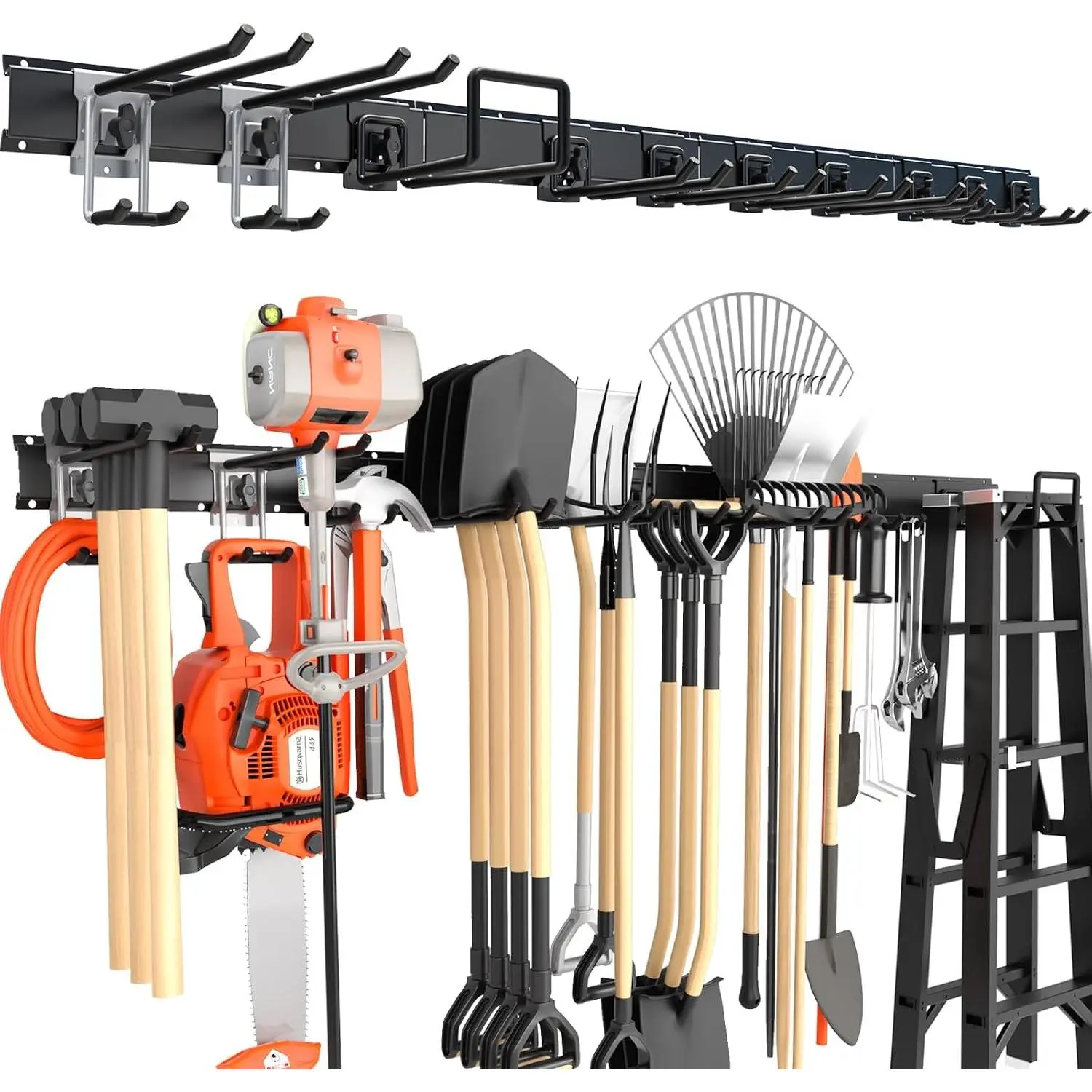 64'' Garage Tool Organizer Wall Mount, 620lbs Heavy Duty Metal Storage Rack | Adjustable Hooks Garden Tool Organization System | Anti-Rust Shed Rack for Hanging Shovel, Rake, Broom, Snowboard