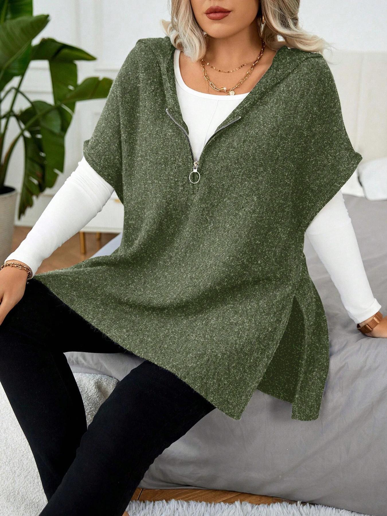 【Plus Size】 Women's Solid Half Zip Up Hooded Sweater, Casual Split Hem Jumper for Spring & Fall, Fashion Women's Knitwear for Daily Wear