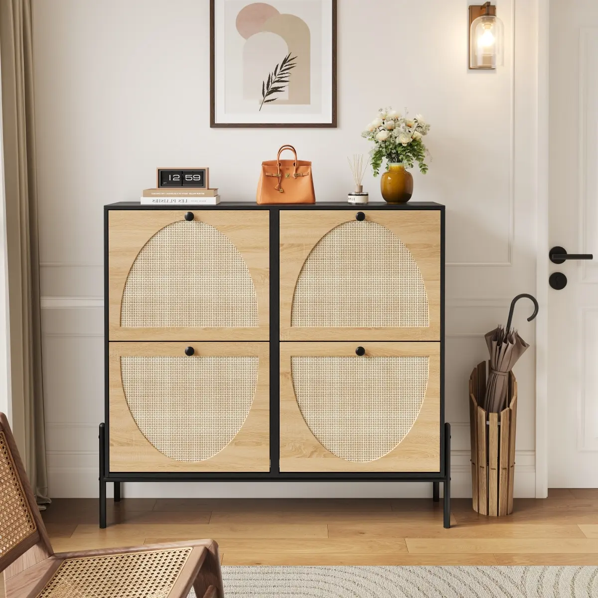 Handwoven Rattan Shoe Storage Cabinet - 4 Flip-Down Doors, Thin Narrow Width, Geometric Panels, Adjustable Drawer, Movable Metal Frame, Shelf, Sturdy Unit, Multiple Compartments, Natural Look Indoor Cupboard for Entryway, Porch