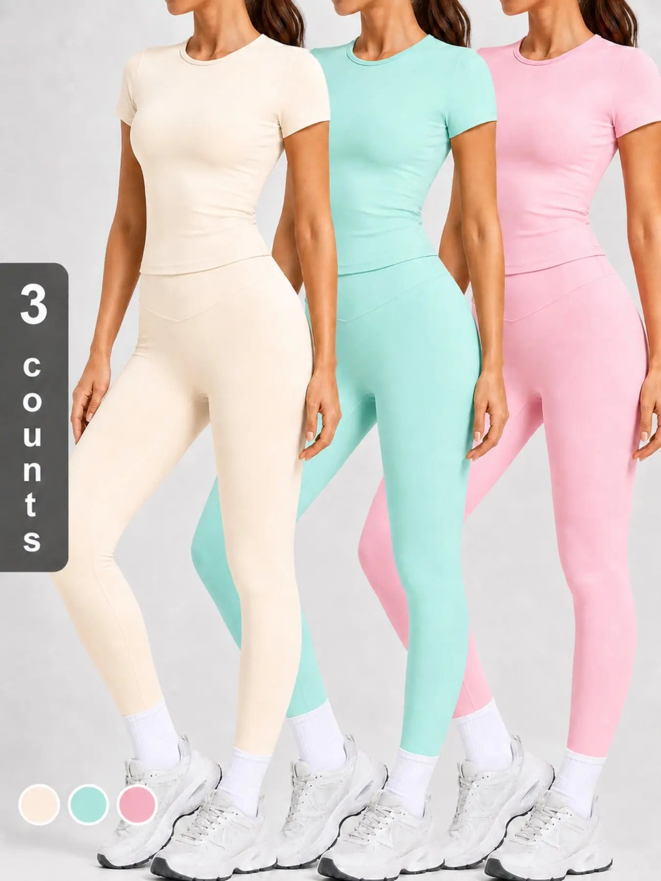 Women's 2 Piece Workout Outfit Sets, Short Sleeve Crew Neck Crop Top & High Waist Yoga Leggings, Casual Athletic Fitness Activewear Tracksuit