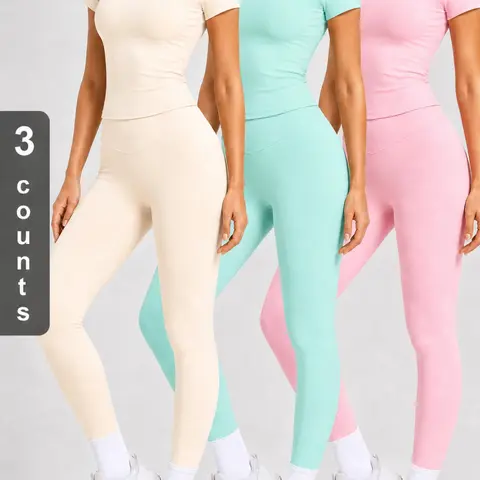 Women's 2 Piece Workout Outfit Sets, Short Sleeve Crew Neck Crop Top & High Waist Yoga Leggings, Casual Athletic Fitness Activewear Tracksuit, Sports Clothing Set