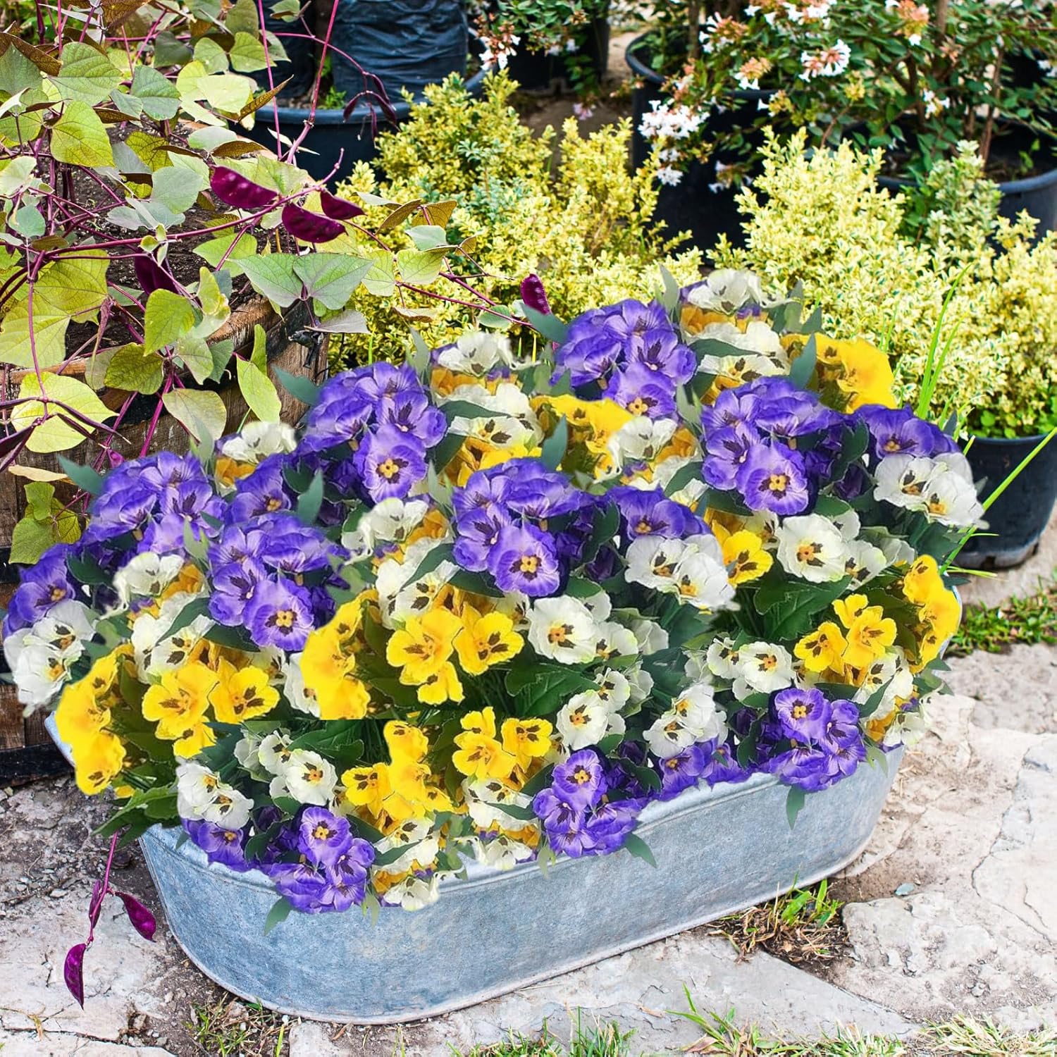 12 Bundles Artificial Pansy Flowers for Outdoor Fake Small Wild Flower Faux Pansies for Home Wedding Kitchen Garden Table Centerpieces Indoor Outdoor Decor Artificial Flower Decoration (12, White/Purple/Yellow)