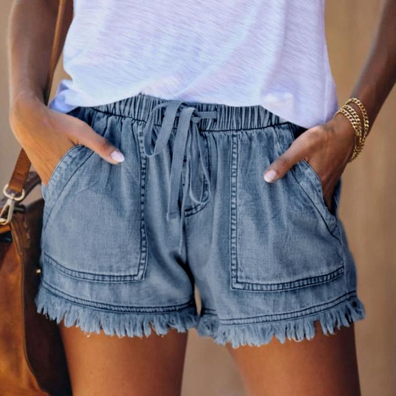 Elastic Waist Drawstring Denim Shorts for Women Summer Casual Loose Frayed Hem Jean Shorts with Pockets