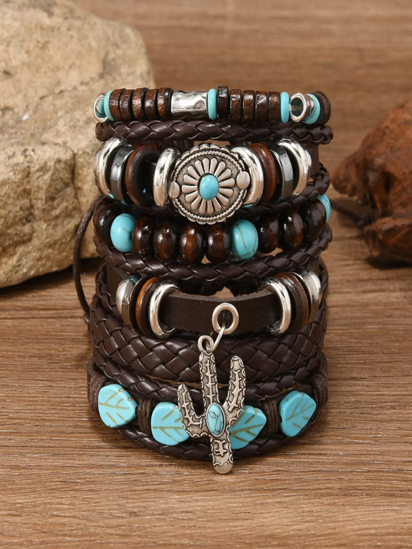 6 Piece Women's Western Turquoise Stackable Leather Bracelet Set, Vintage Braided Leather Wristband, Cactus Pendant, Adjustable Boho Jewelry Gift