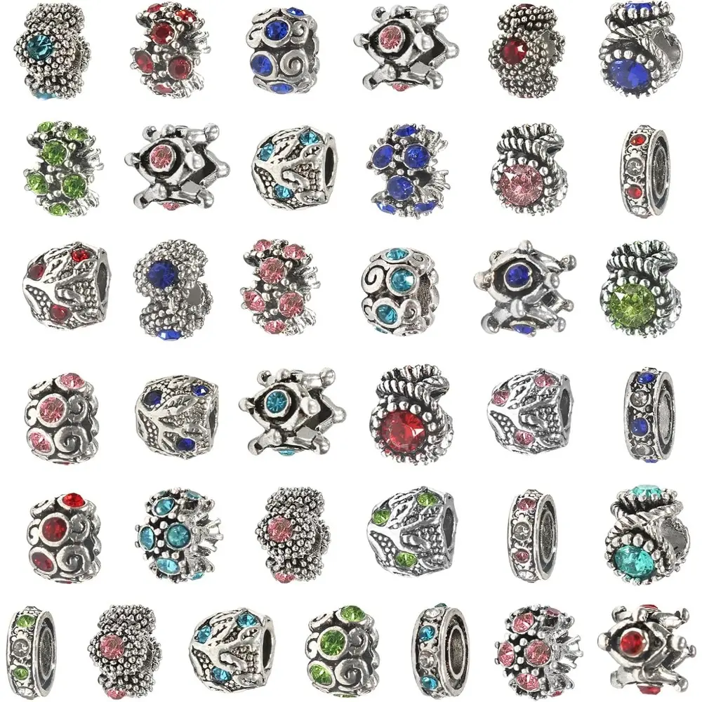 Mixed metal beads, European antique silver jewelry, inlaid with rhinestones, large holes, spaced beads, bracelets, necklaces, ornaments, ornaments, ornaments, ornaments