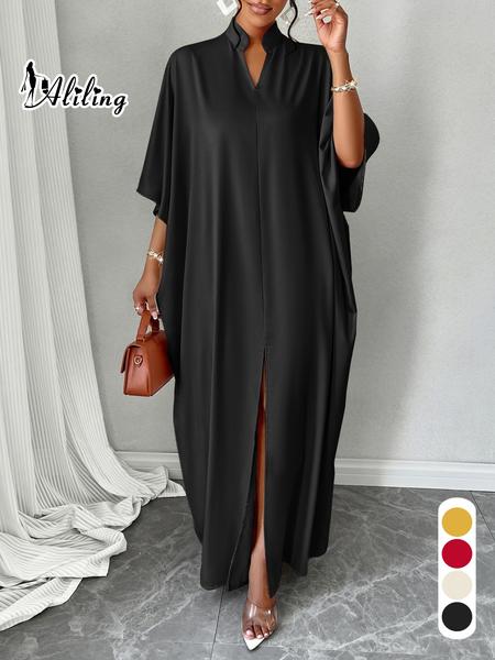 Women's Plain Notched Neck Split Hem Long Dress, Elegant Fashion Casual Dress for Daily Outdoor Wear, Women Dress for Summer