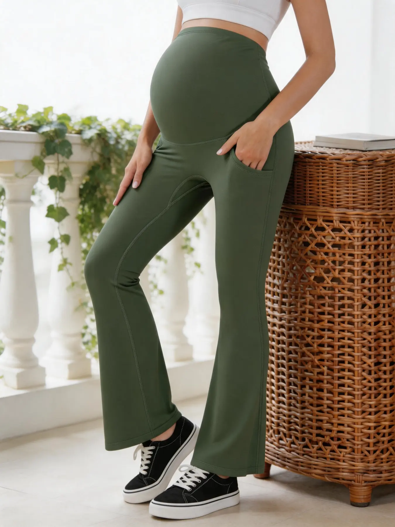 Nylon fabric full-wrap flared pants for pregnant women, with a side phone pocket, high-elastic and comfortable prenatal fitness yoga casual pants, Maternity Workout Clothes, Maternity Clothing