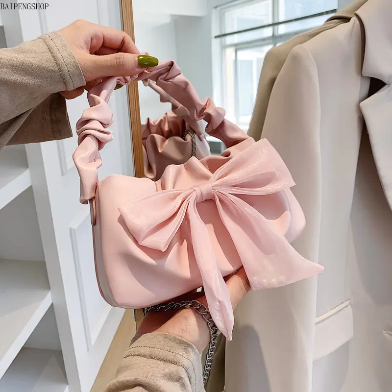 2026 Women Solid Color Minimalist Small Crossbody Shoulder Bag, Adorable Bow Decor With Ruffle Handle, Compact Lightweight Daily Purse, Versatile Accessory For Gym, Outdoor Activities & Casual Everyday Outfits