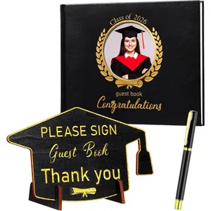2026 Leather Graduation Guest Book with Grad Stand and Signature Pen Guest Sign in Book Grad Memory Registry Guestbook for College High School Graduation Party Gifts Supplies(Black )