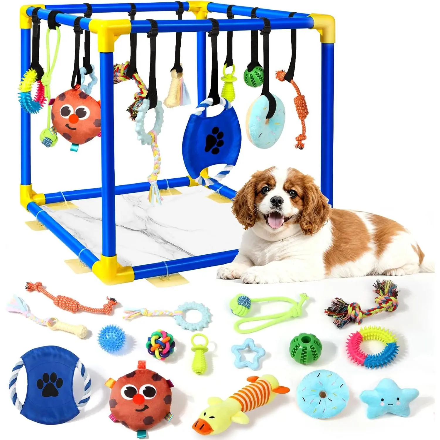 Detachable Small Dog Enrichment Play Gym, 16-Inch All Seasons Animal Training Center with 12 Hanging & 4 Floor Squeaky Teething Toys for Indoor Use