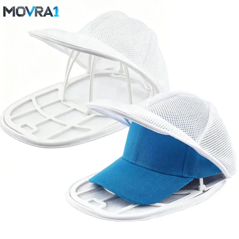 MOVRA1 Hat Washer Baseball Caps, Protective Cleaning Cage with Adjustable Shaper, Laundry Care Accessory Shape Maintenance, Laundry Machine & Dishwasher Safe, Includes Free Mesh Bag, Durable White Plastic Frame