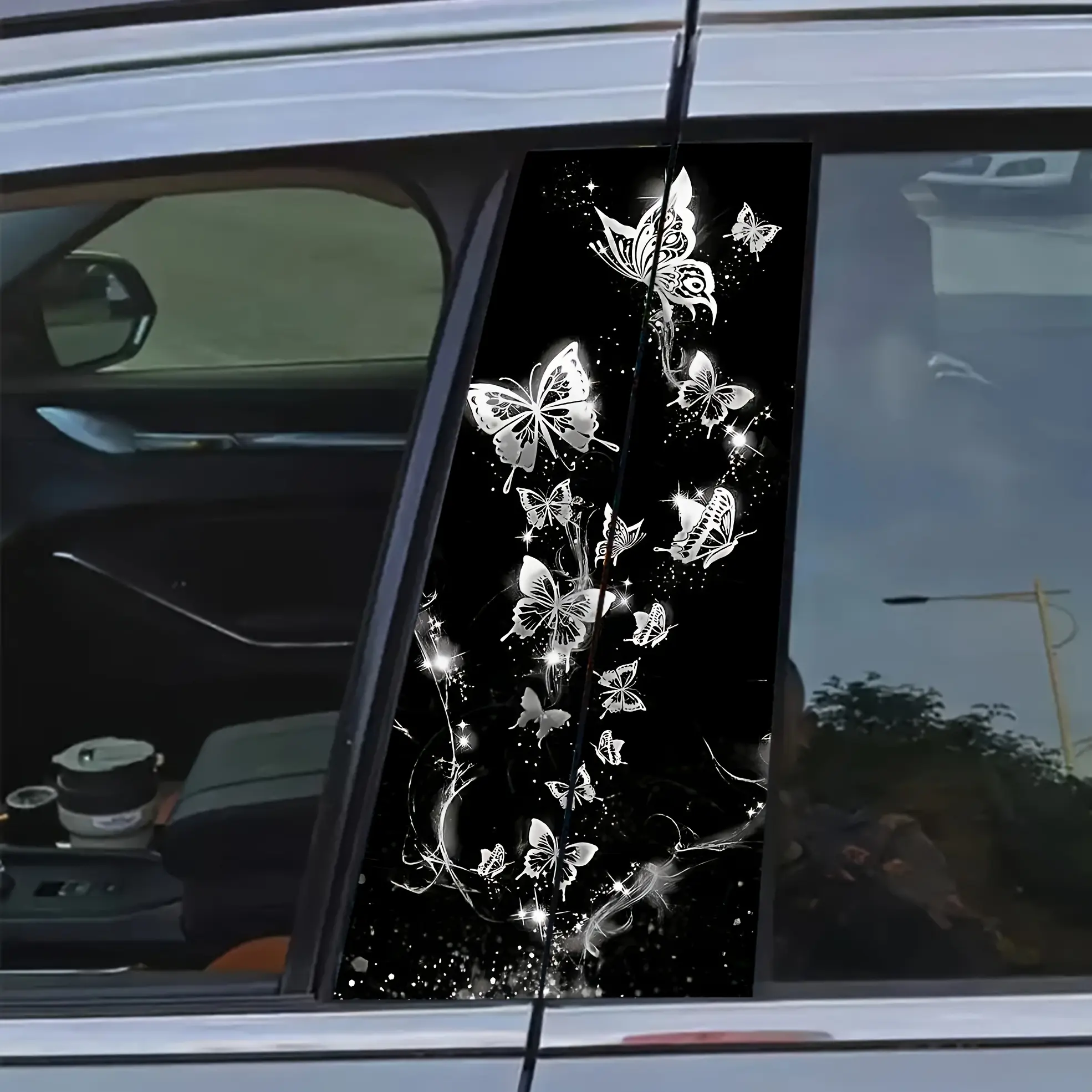 Set of 2 Dreamlike Butterfly Car Stickers Made from Scratch-Resistant, Waterproof Vinyl Material. These Black Matte B-Pillar Stickers Side Decals Are Suitable for Glass, Metal, And Plastic Surfaces, Easy to Apply And Remove