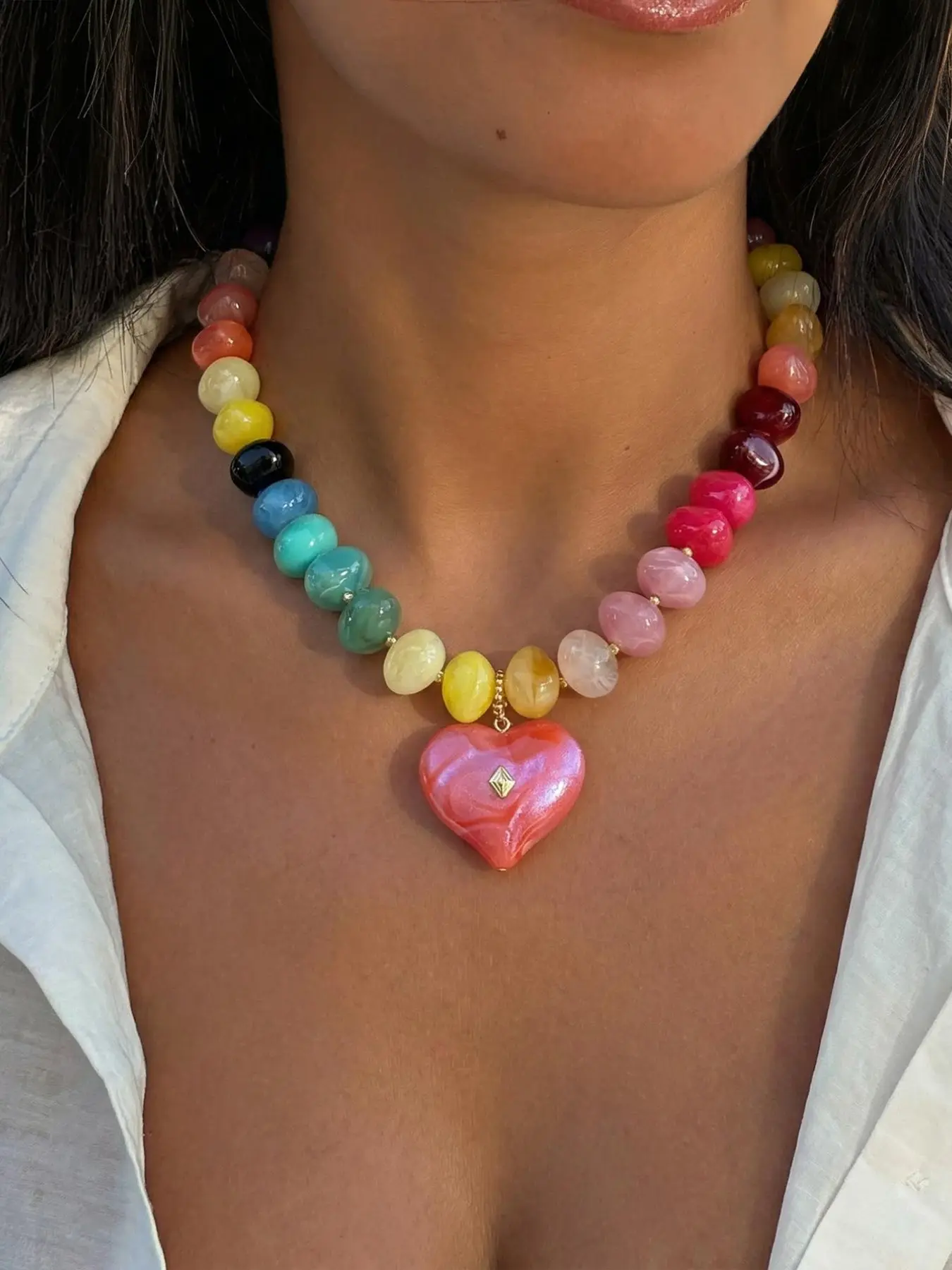 Exaggerated Heart Pendant Necklace for Women, Acrylic Beaded Choker, Colorful Resin Acrylic Beaded Chain, Lockbone Jewelry, Heart Design Jewelry, Fashionable Accessory