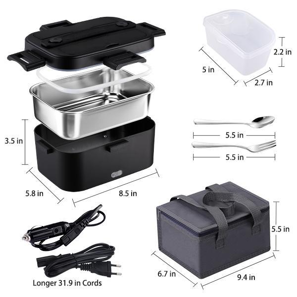 Nifogo Black Friday Electric Lunch Box Portable Food Heater for Adults 110V/12V/24V 1.8L 304 Stainless Steel with Fork Spoon & Bag Tableware Classic Black