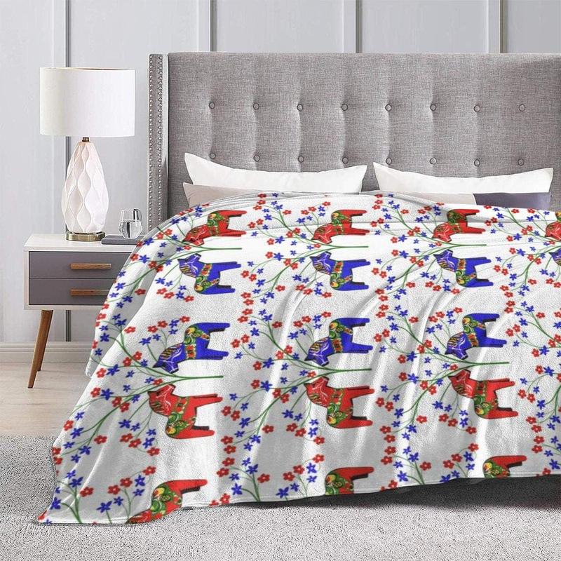 Comfy Soft Floral Swedish Dala Horses Throw Blanket,  Flannel Home Blanket Wearable Blanket, Queen Size Blankets for Bedroom Living Rooms Sofa Couch, 40"x50"