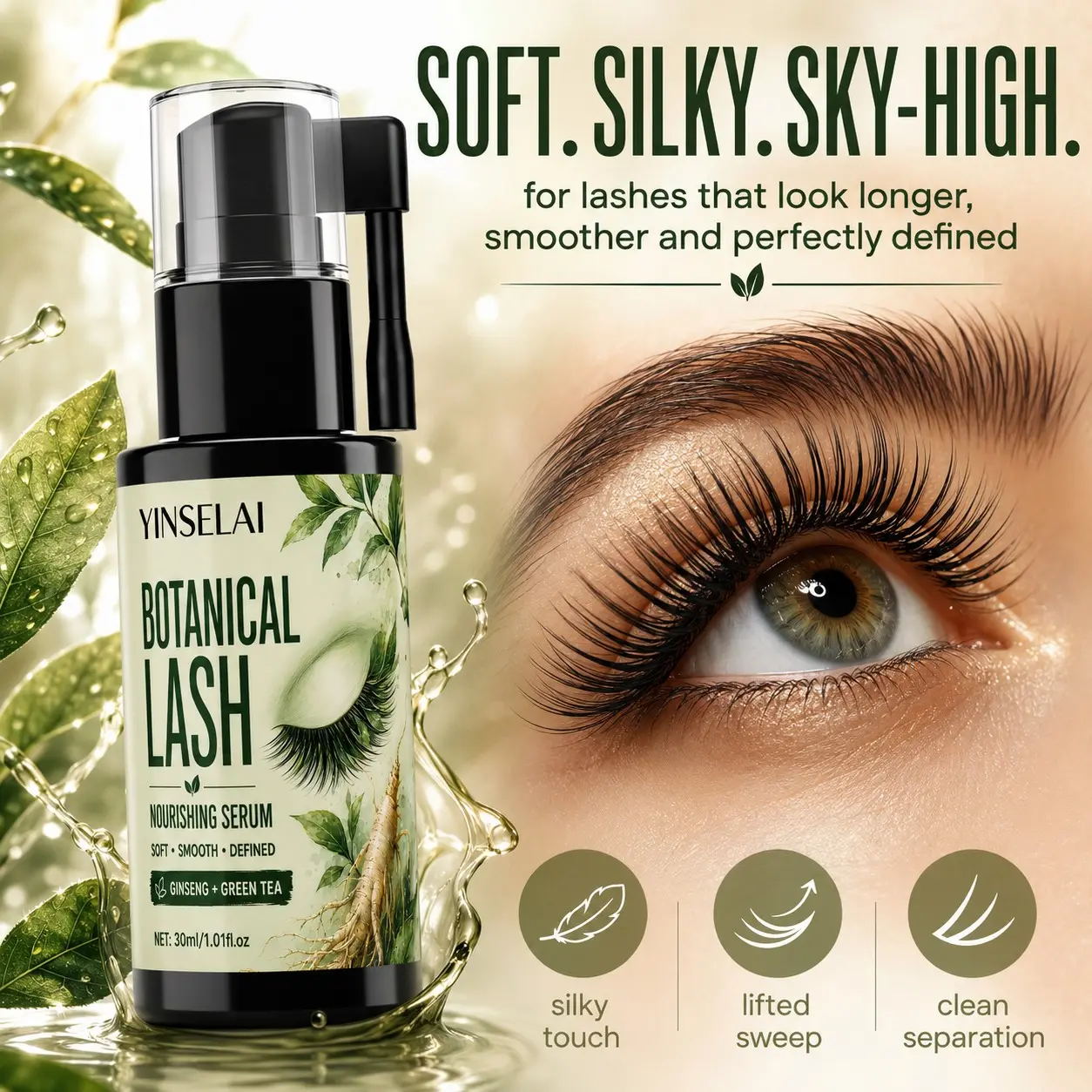 Plant-Based Lash Care Solution, Ginseng Tea Lash Thickening Serum, Nourishes Weak Lashes, Natural Long and Bright Lashes, Daily Use