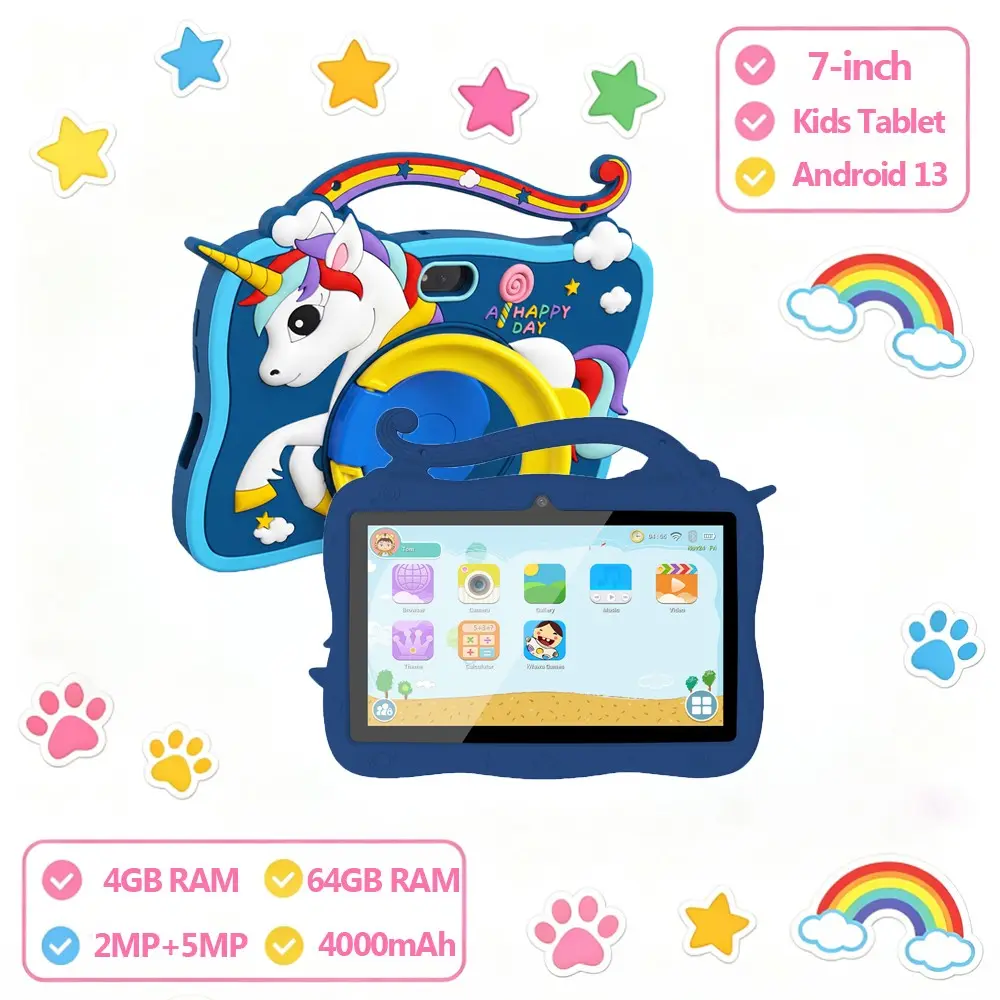 New 7-inch children's tablet with Android 13 4GB RAM and 64GB ROM, supporting WIFI function, shockproof silicone protective case, Rainbow Mark support shell, parents can control pre installed educational learning software, dual cameras, Android Tablets
