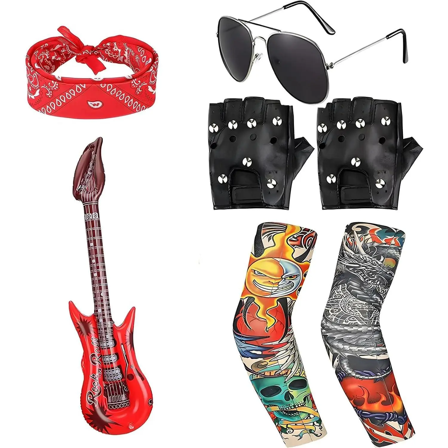 7Pcs Kids Rockstar Costume Set with Inflatable Guitar, Women's Premium Rocker Outfit Heavy Metal Accessories, Ultimate Rock Look for Halloween Party, Girls & BoysGift