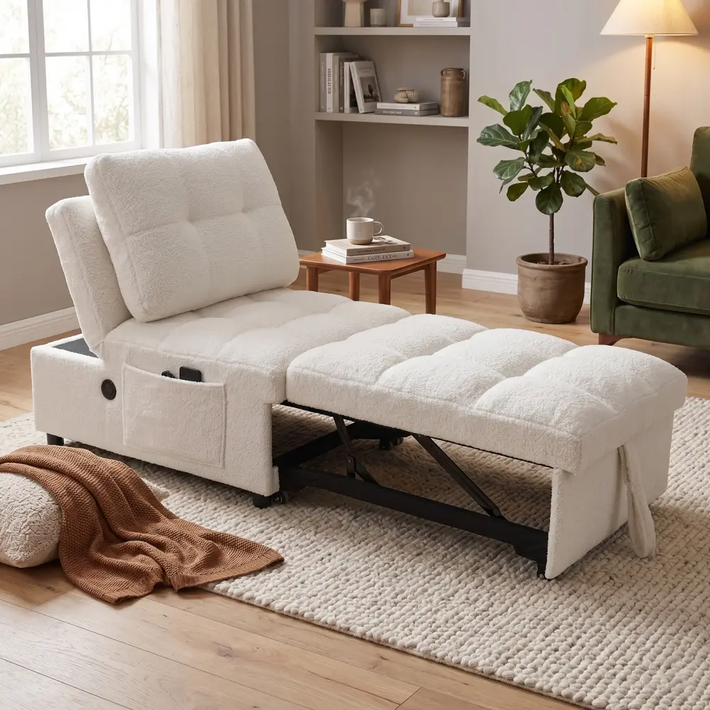 Armrestless single sofa bed with soft teddy fleece upholstery that is gentle on skin, equipped with a built-in USB charging port and side storage pocket, and featuring an adjustable backrest. It is ideal for living rooms or studies in small apartments wit