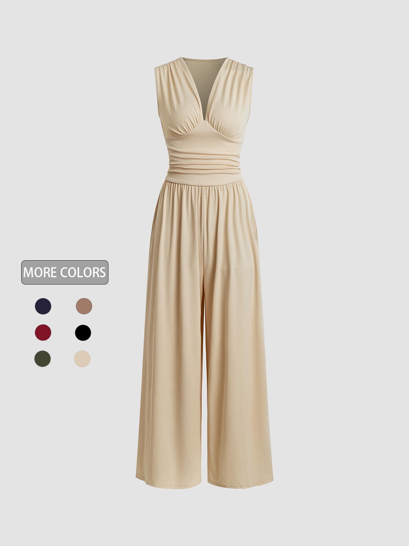 Women's Plain Ruched Deep V Neck Ribbed Jumpsuit, Elegant Sleeveless Wide Leg Jumpsuit for Summer, Ladies Clothes for Beach Holiday Vacation