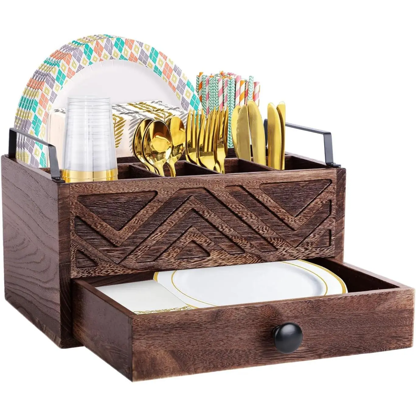 Paper Plate Dispenser with Drawer, country style  Kitchen Counter, Picnic, Party, Camping -  Organizer for Cups, Spoons, Forks, Plates, office supplies, Napkins & Silverware