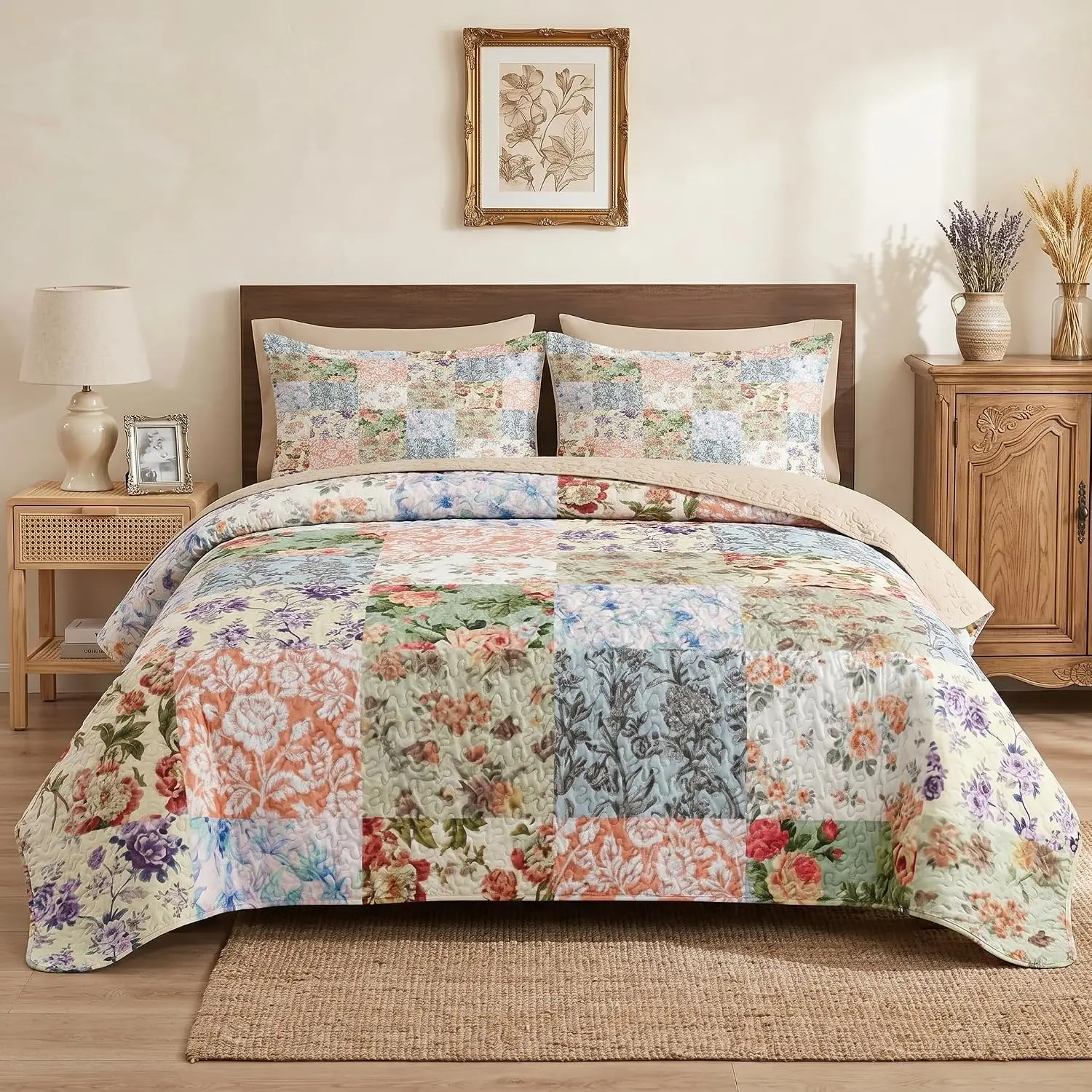 King Set, 3 Pieces Vintage Patchwork Bedding, Bedspread