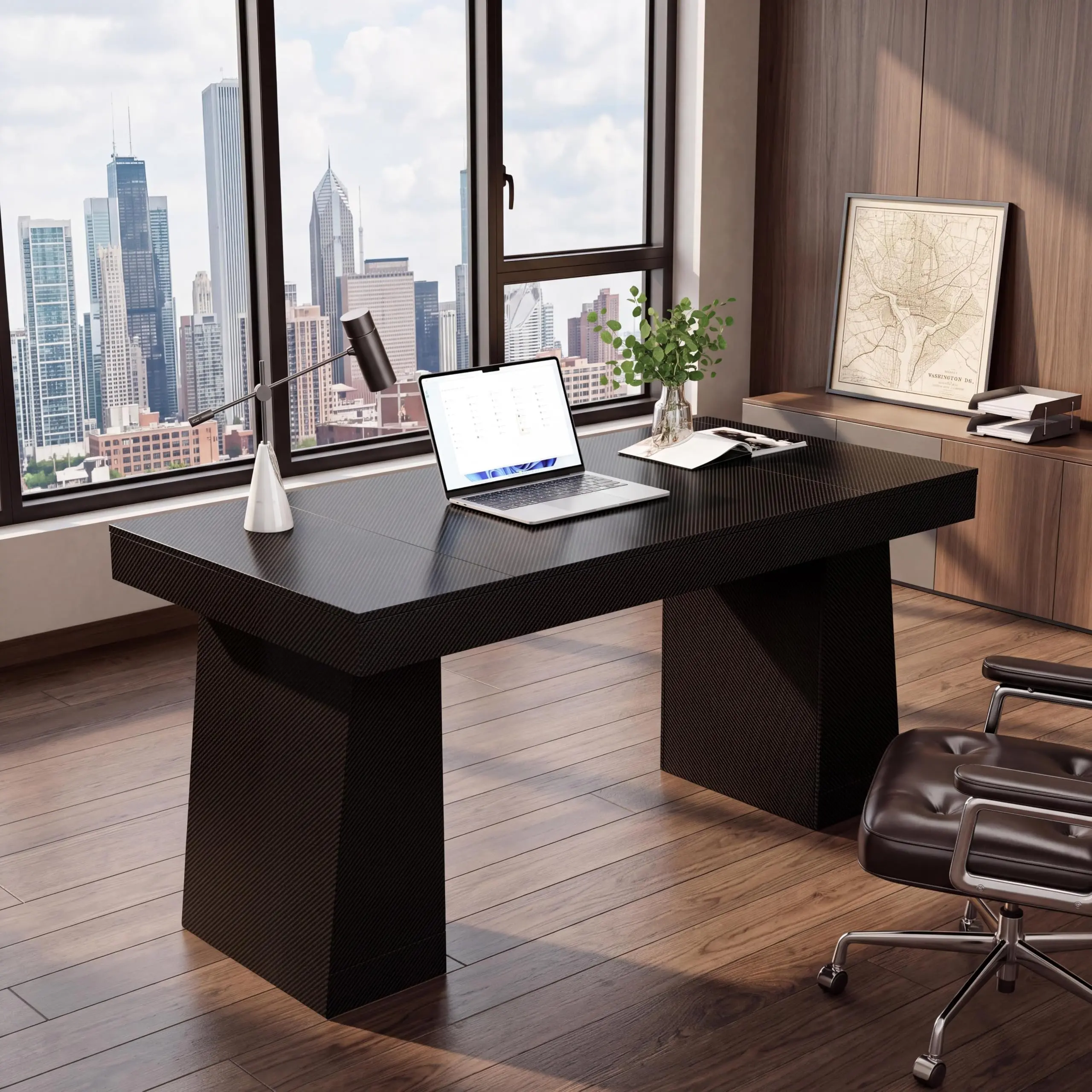 55" Executive Desk with Built-In Power Outlet - Storage Cabinet for Office Supplies - Home Office Computer Writing Workstation - Brown (HTM)