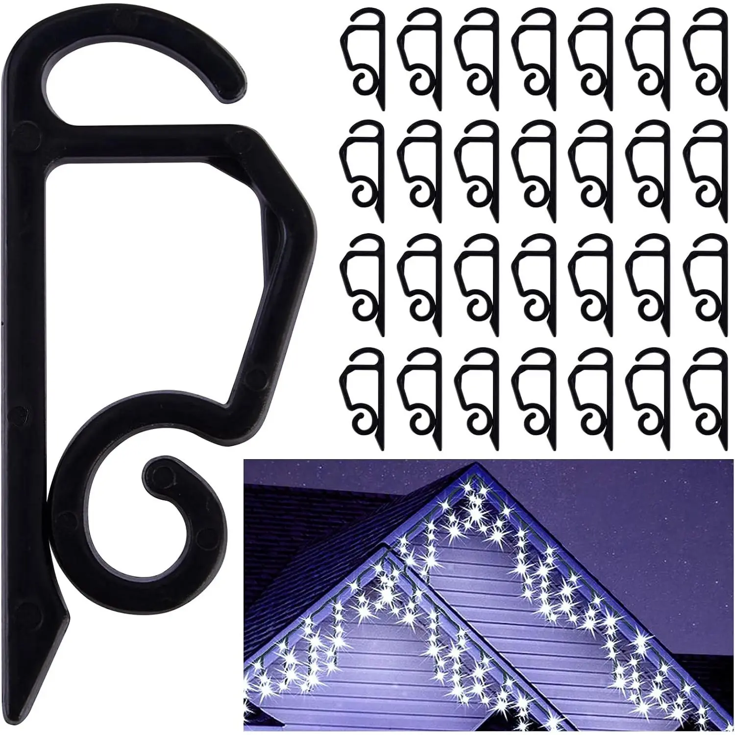 60 count Black Gutter Hooks for Christmas Lights, Holiday Light Clips for Fixing Outdoor String Lights  Halloween Christmas Decoration Garden Tree Window