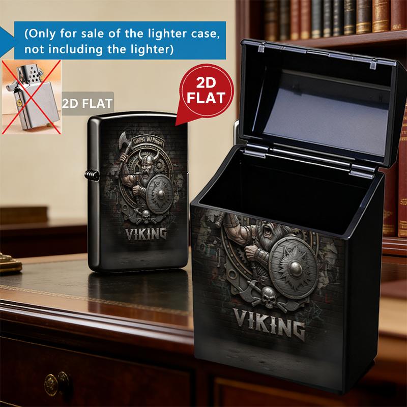 Viking Warrior Plastic Cigarette Case + Metal Lighter Shell Set, Norse Axe Shield Skull Design, Dark Aesthetic Smoke Accessory, Gift for Men