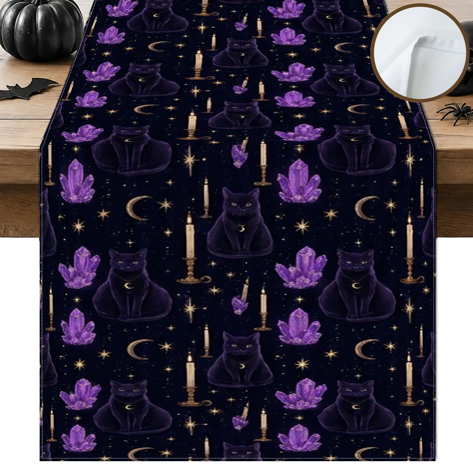 1pc Black Cat Crystal Moon Table Runner, Gothic Style, Repeating Pattern Design, for Dining Table Halloween Party Home Decor Fall Decor