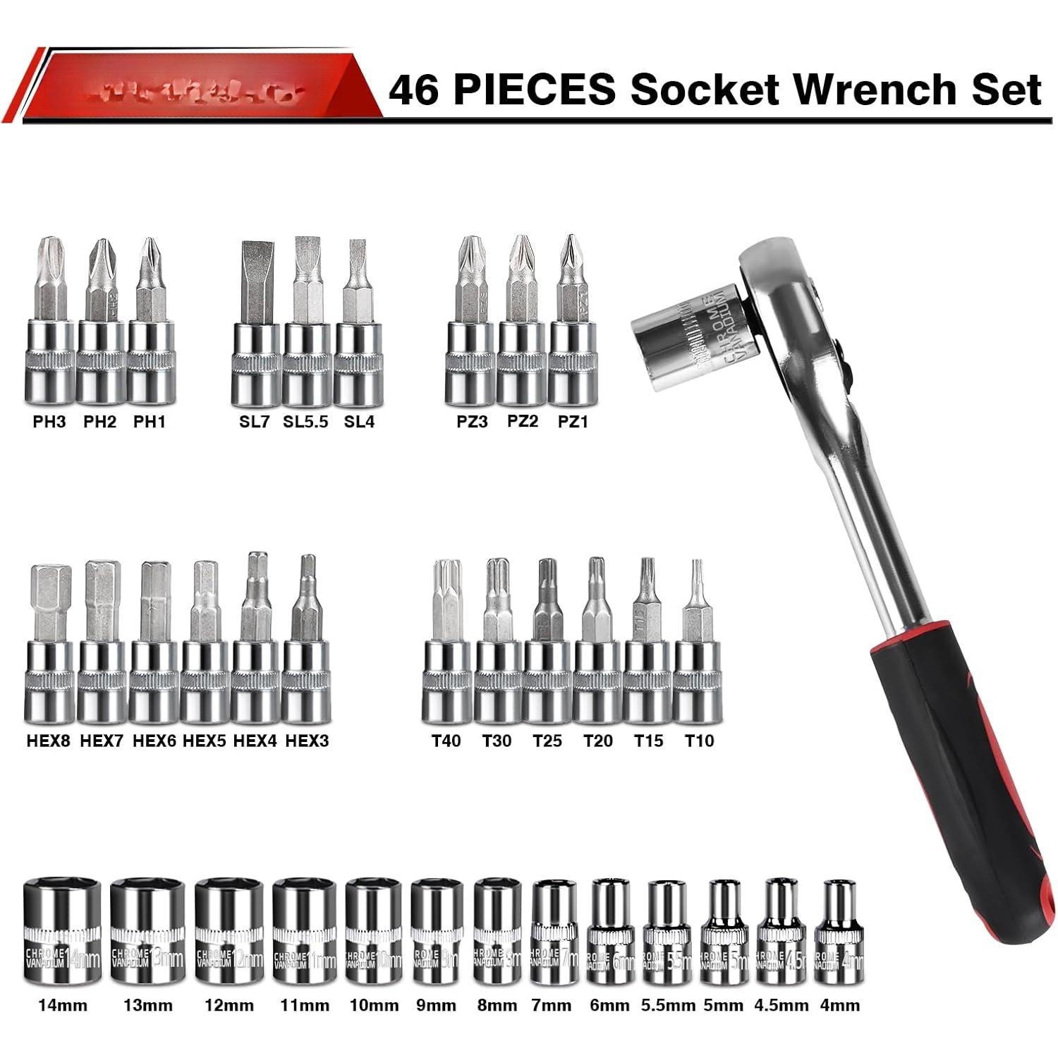 46 count Socket Ratchet Wrench Set, 1/4 Inch Drive Small Tool Set with  Bit Sockets Extension Bar and Storage Case, Metric Socket Set for  Repair and  Use