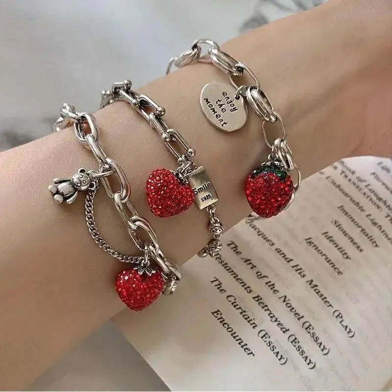 Thick Silver Alloy Chain Bracelet for Women with a Sparkling Strawberry Zircon Charm, Trendy Party Jewelry Accessory, Accessories For Women